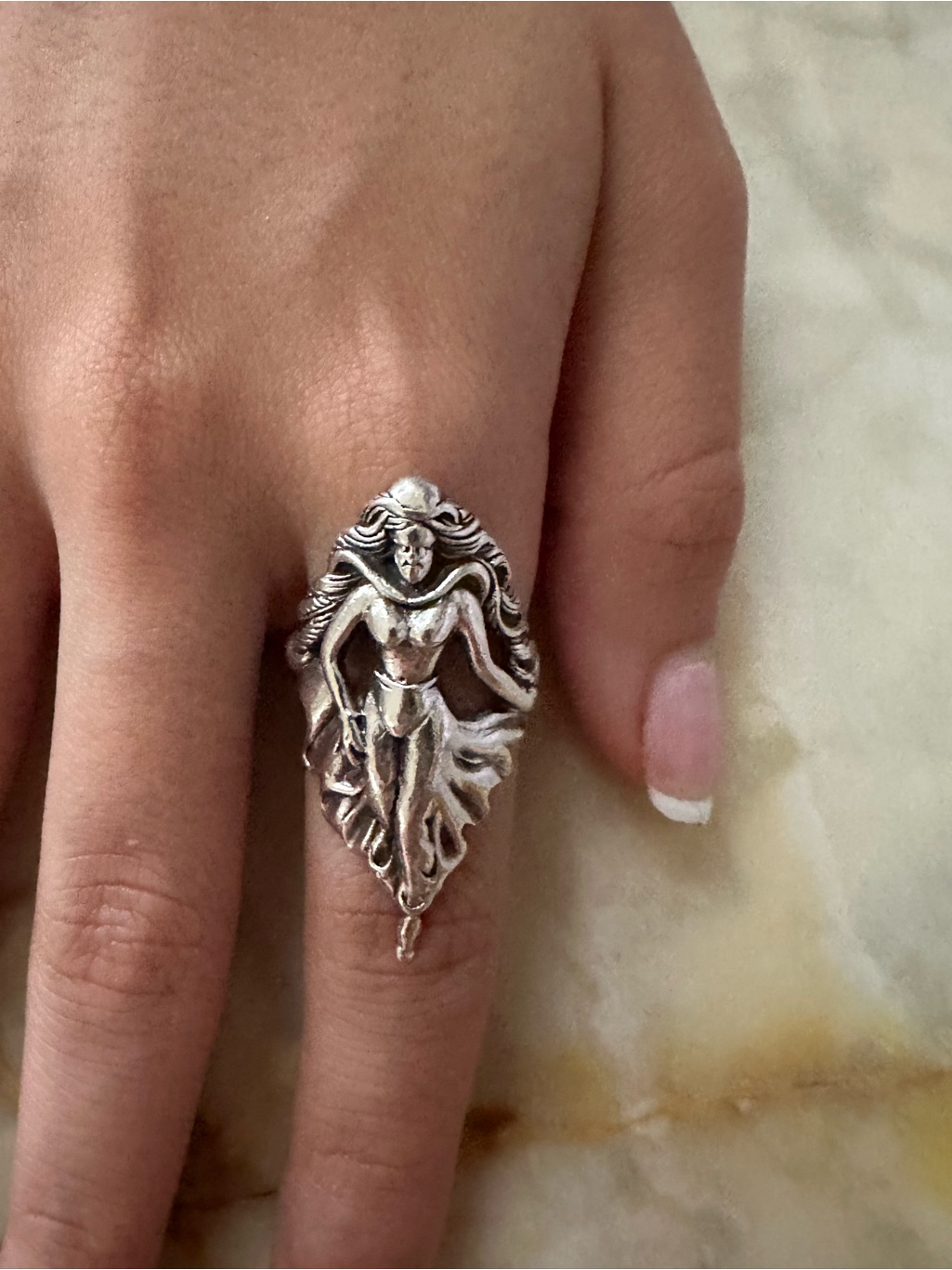 Nouveau 925 Sterling Silver Art Nouveau Style. "Goddess""Fairy" Ring,